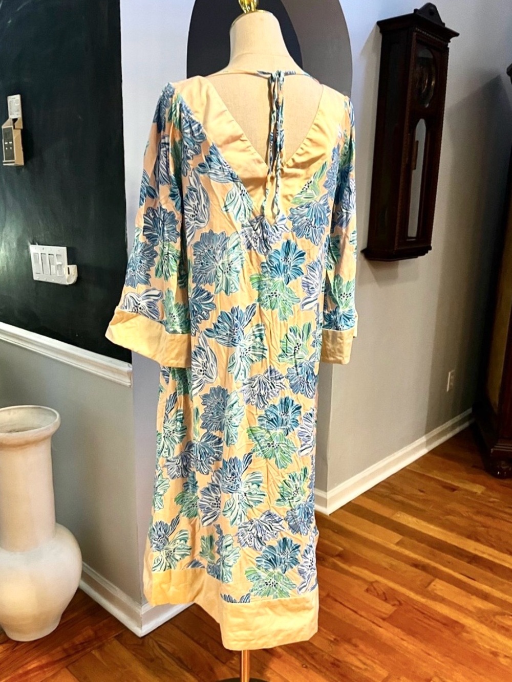 BURU Floral Caftan Midi Dress Resort Coastal Boho Vacation Tunic Peach Size L - Picture 4 of 8